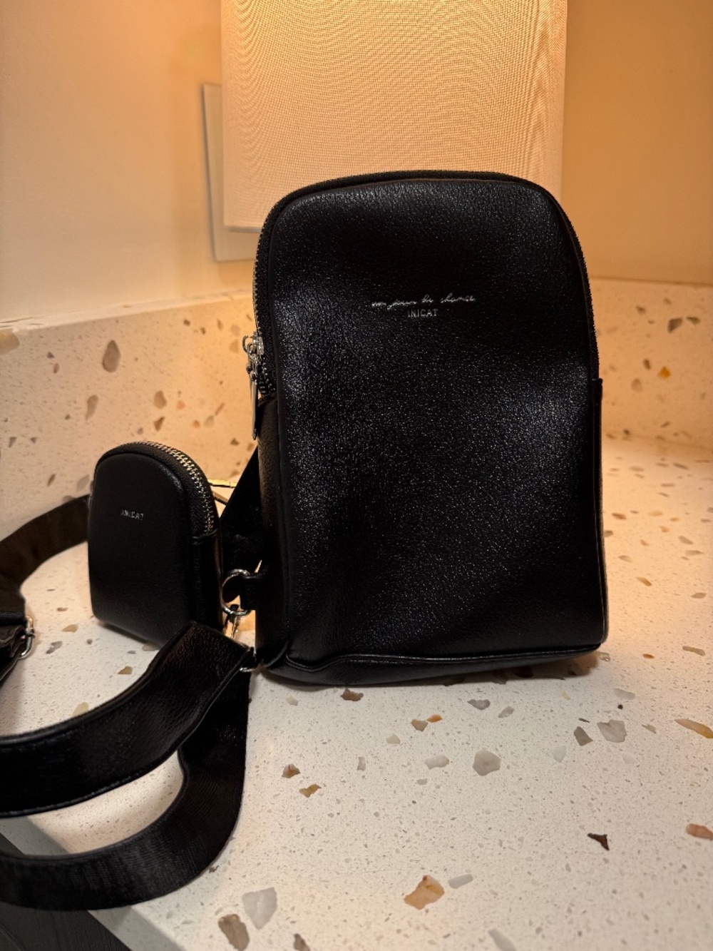 Inicat black leather cross body